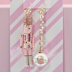 Betsey Johnson Nutcracker & Faux Pearl Linear Mismatch Earrings Pink Christmas